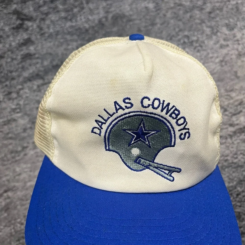 VTG Dallas Cowboys Trucker Hat Snap Back Embroidered Logo NFL 80s 90s White Blue